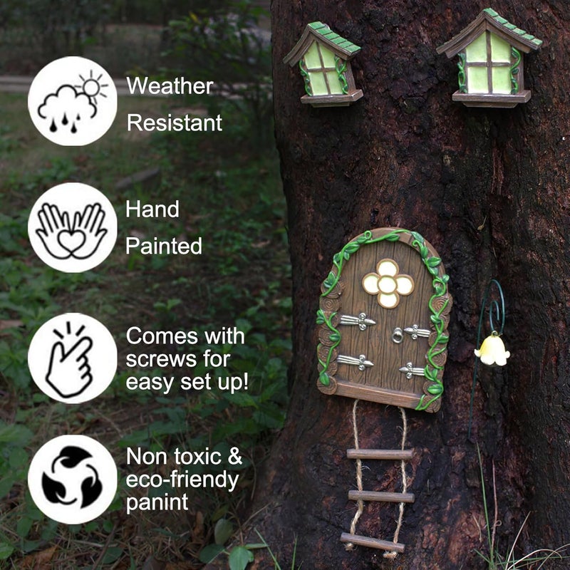 IMOFEE Fairy Door and Windows Garden Kit Accessories Outdoor, Glow in Dark Gnome House for Tree, Lawn Yard Art Sculpture, Miniature Garden Decor (Ladder) - Image 4